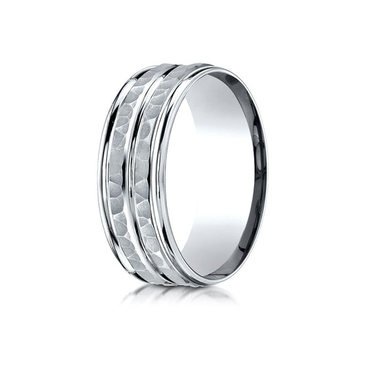 18k White Gold 8mm Comfort-fit Hammer-finished High Polished Center Trim And Round Edge Carved Design Band