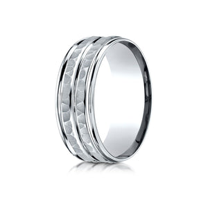 7.5mm High Polish Round Edge Carved Wedding Band, in 18K White Gold | RockHer