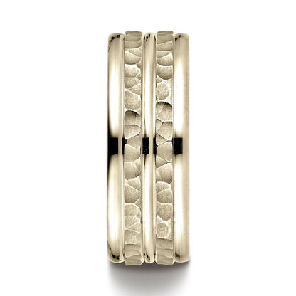 14k Yellow Gold 8mm Comfort-fit Hammer-finished High Polished Center Trim And Round Edge Carved Design Band