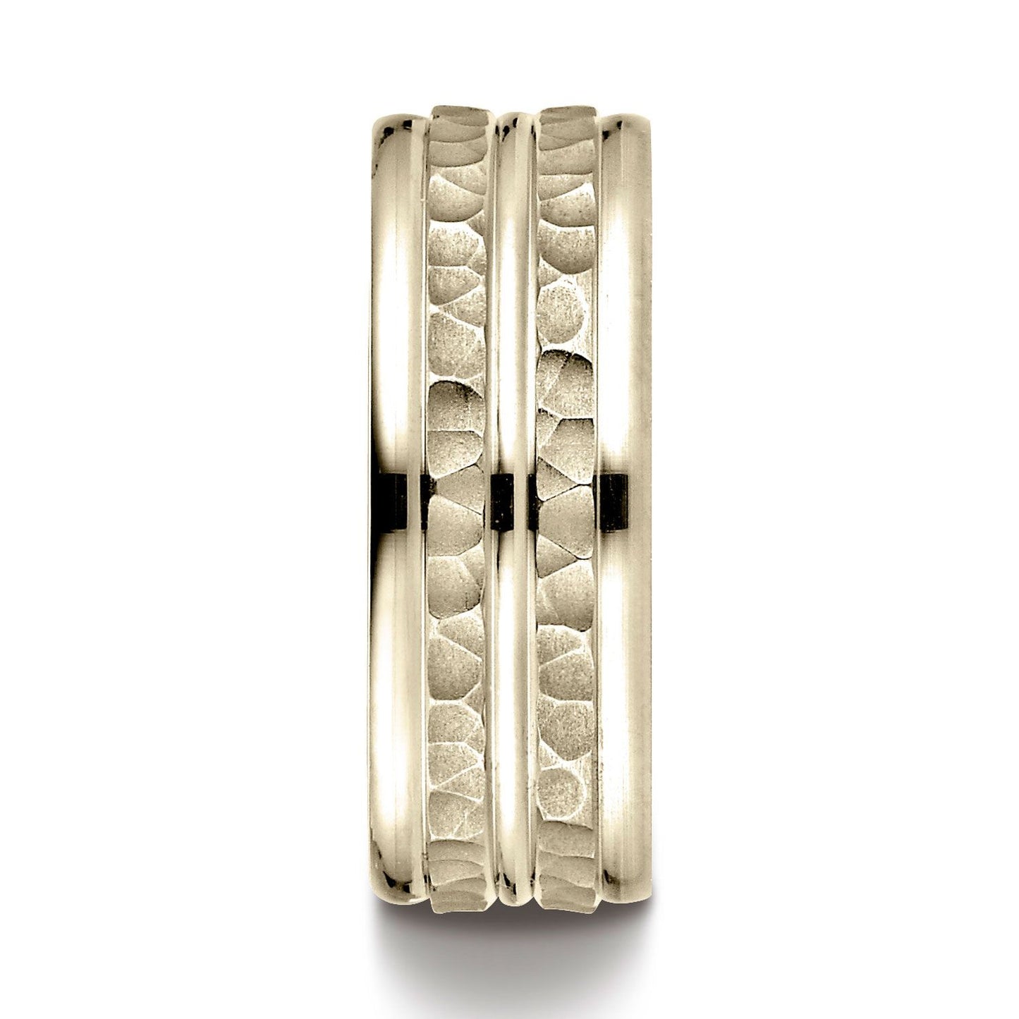18k Yellow Gold 8mm Comfort-fit Hammer-finished High Polished Center Trim And Round Edge Carved Design Band
