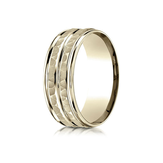 14k Yellow Gold 8mm Comfort-fit Hammer-finished High Polished Center Trim And Round Edge Carved Design Band