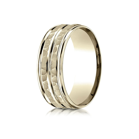 18k Yellow Gold 8mm Comfort-fit Hammer-finished High Polished Center Trim And Round Edge Carved Design Band