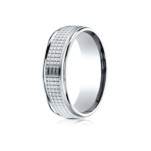7mm High Polish Cross Hatch Center Carved Wedding Band, in 14K White Gold | RockHer
