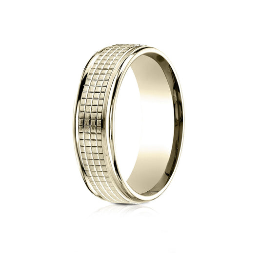 18 Karat Yellow Gold 7mm Comfort-fit High Polish Round Edge Cross Hatch Center Design Band