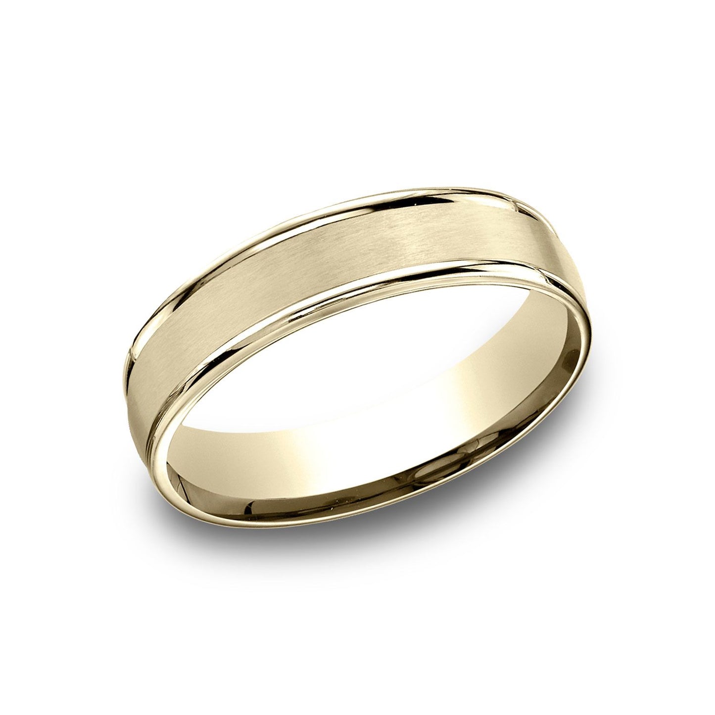 14k Yellow Gold 5mm Comfort-fit Satin Finish High Polished Round Edge Carved Design Band