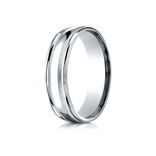 14k White Gold 6mm Comfort-fit High Polished With Milgrain Round Edge Carved Design Band