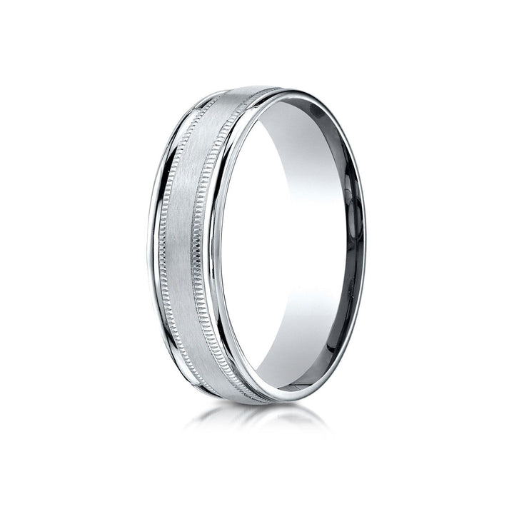 6mm Satin Finish Milgrain Round Edge Carved Wedding Band, in 18K White Gold | RockHer