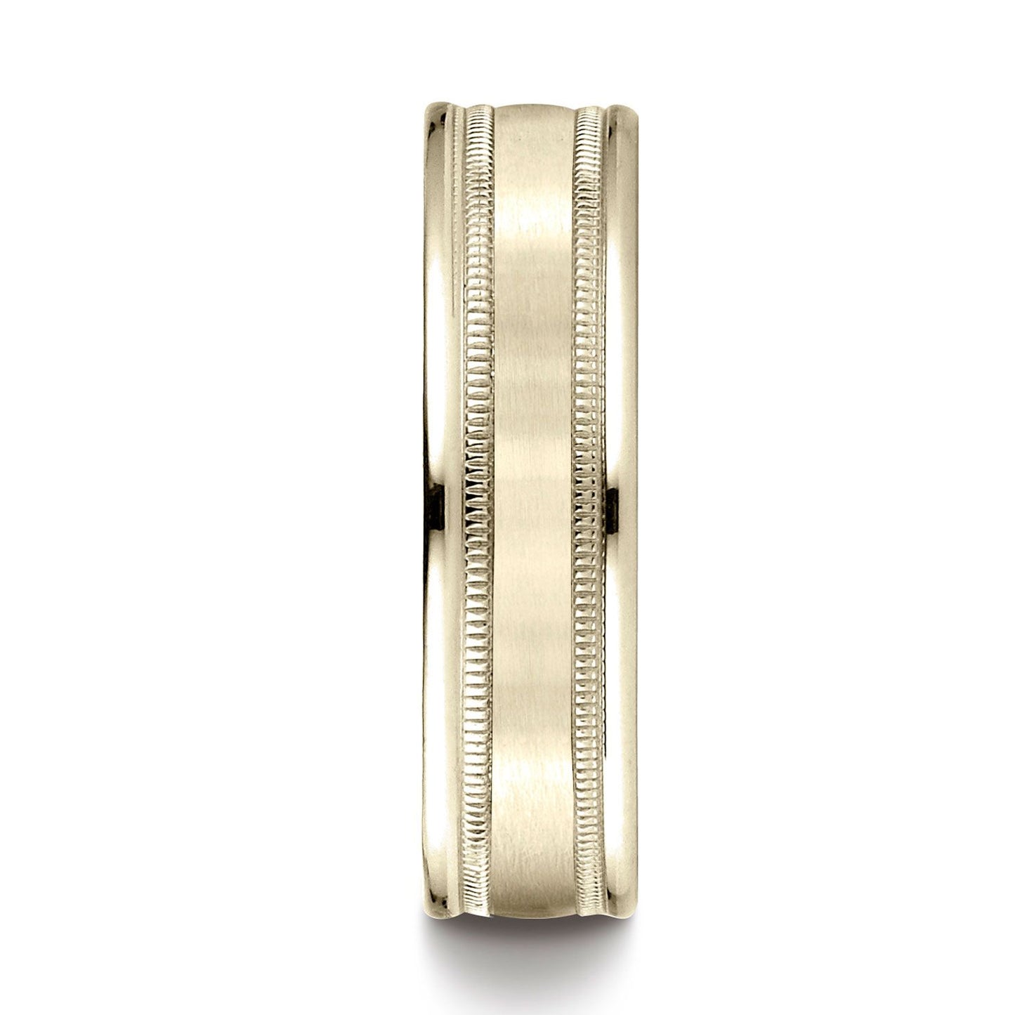 18k Yellow Gold 6mm Comfort-fit Satin Finish Center With Milgrain Round Edge Carved Design Band