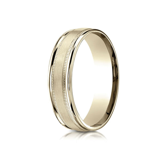 14k Yellow Gold 6mm Comfort-fit Satin Finish Center With Milgrain Round Edge Carved Design Band