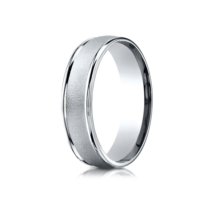 6mm Wired Finish High Polished Round Edge Carved Wedding Band, in 18K White Gold | RockHer