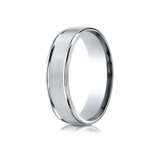 18k White Gold 6mm Comfort-fit Satin Finish High Polished Round Edge Carved Design Band