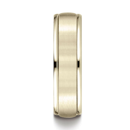 18k Yellow Gold 6mm Comfort-fit Satin Finish High Polished Round Edge Carved Design Band