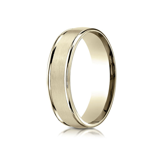 18k Yellow Gold 6mm Comfort-fit Satin Finish High Polished Round Edge Carved Design Band
