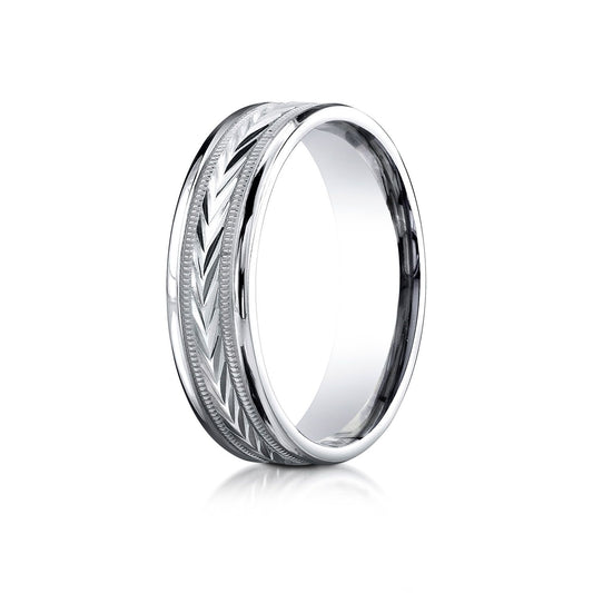18k White Gold 6mm Comfort-fit Harvest Of Love Round Edge Carved Design Band