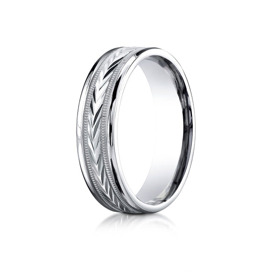 18k White Gold 6mm Comfort-fit Satin-finished High Polished Center Trim And Round Edge Carved Design Band