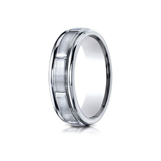 18k White Gold 6mm Comfort-fit Satin-finished 8 High Polished Center Cuts And Round Edge Carved Design Band