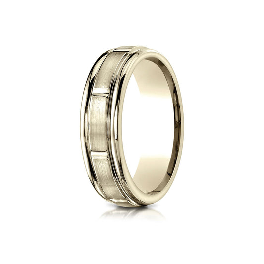 18k Yellow Gold 6mm Comfort-fit Satin-finished 8 High Polished Center Cuts And Round Edge Carved Design Band