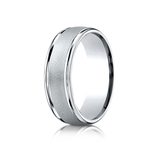 14k White Gold 7mm Comfort-fit Wired-finished High Polished Round Edge Carved Design Band