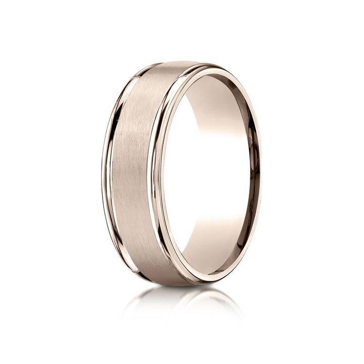 7mm Satin Finish High Polished Round Edge Carved Wedding Band, in 14K Rose Gold | RockHer