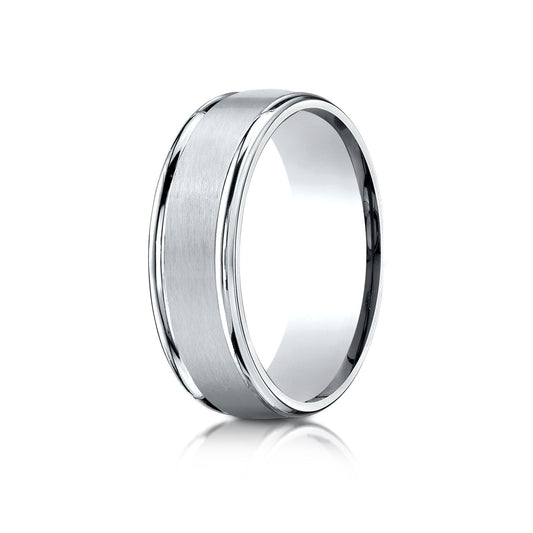 18k White Gold 7mm Comfort-fit Satin Finish High Polished Round Edge Carved Design Band