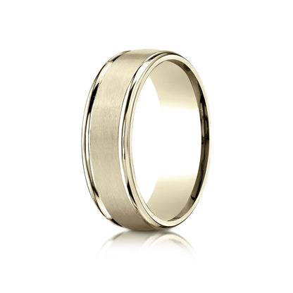 14k Yellow Gold 7mm Comfort-fit Satin Finish High Polished Round Edge Carved Design Band