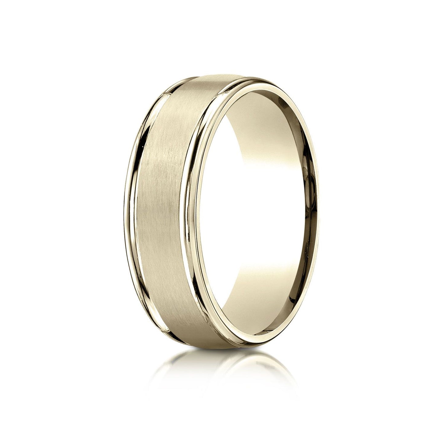 18k Yellow Gold 7mm Comfort-fit Satin Finish High Polished Round Edge Carved Design Band
