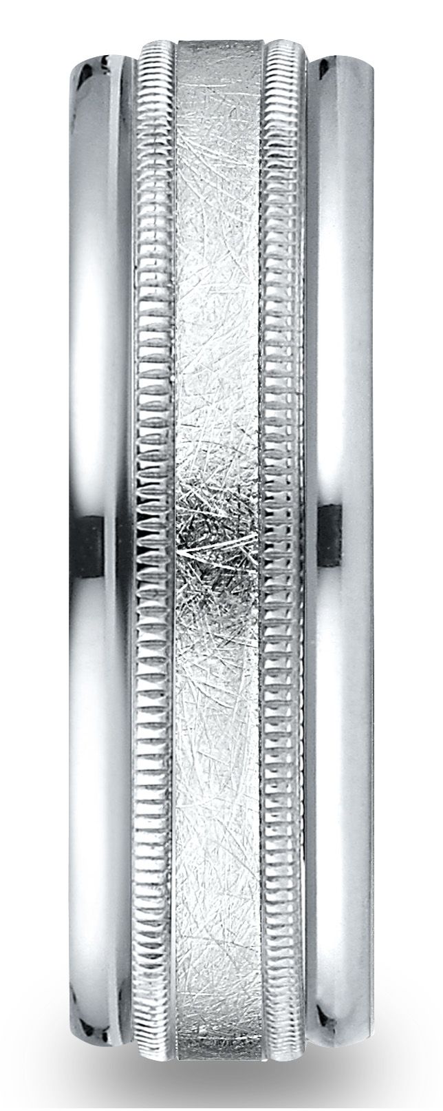 Platinum 7mm Comfort-fit Swirl Finish Center Milgrain Round Edge Carved Design Band