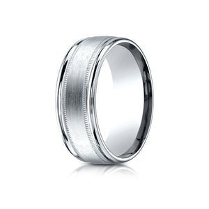 8mm Satin Finish Milgrain Round Edge Carved Wedding Band, in 14K White Gold | RockHer