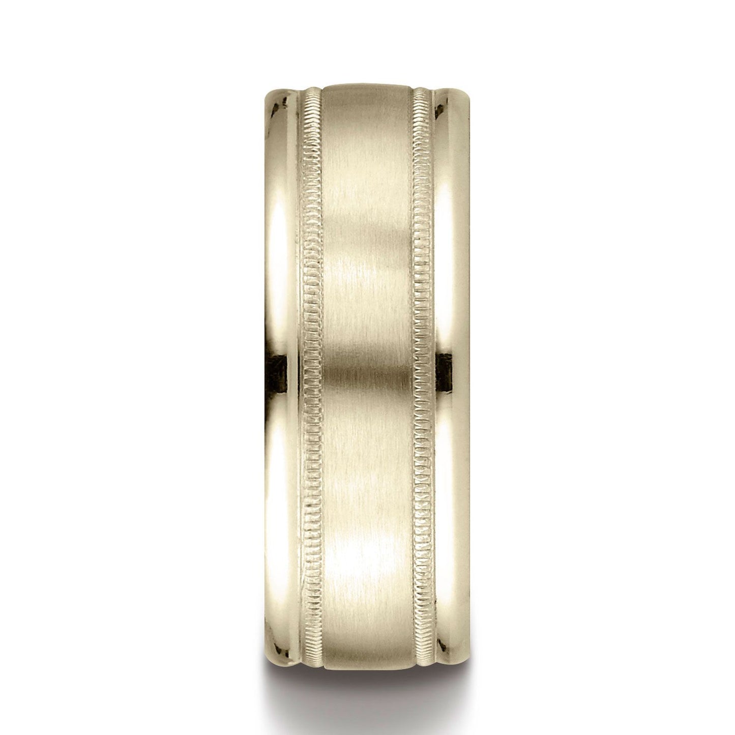 14k Yellow Gold 8mm Comfort-fit Satin Finish Center With Milgrain Round Edge Carved Design Band