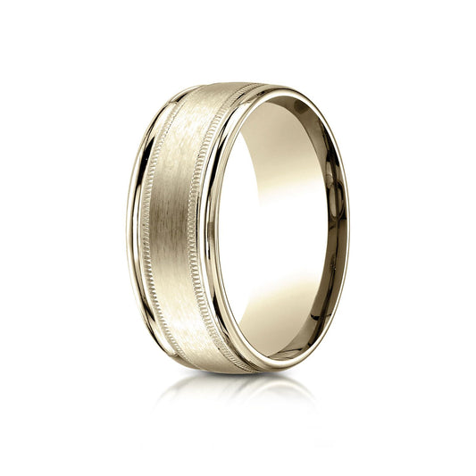 18k Yellow Gold 8mm Comfort-fit Satin Finish Center With Milgrain Round Edge Carved Design Band
