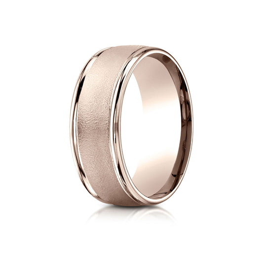 14k Rose Gold 8mm Comfort-fit Wire Brush Finish High Polished Round Edge Carved Design Band