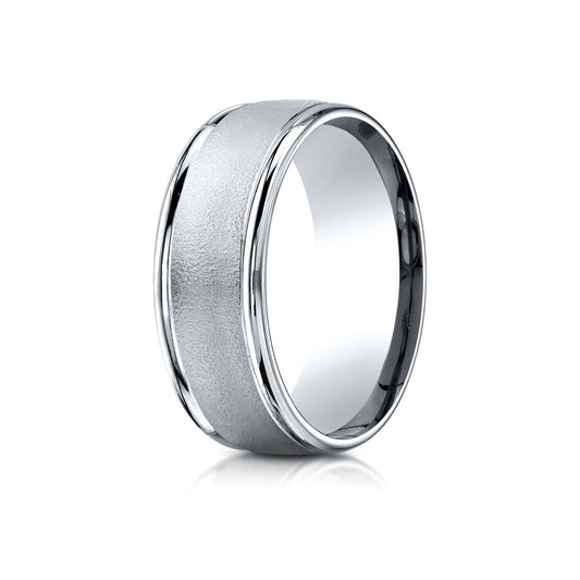 18k White Gold 8mm Comfort-fit Wire Brush Finish High Polished Round Edge Carved Design Band
