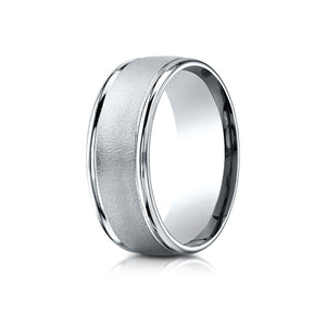 8mm Wire Brush High Polished Round Edge Carved Wedding Band, in 18K White Gold | RockHer