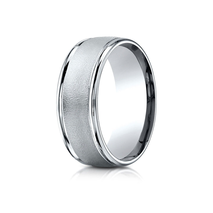 8mm Wire Brush High Polished Round Edge Carved Wedding Band, in 18K White Gold | RockHer