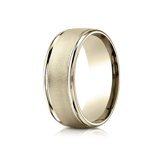 18k Yellow Gold 8mm Comfort-fit Wire Brush Finish High Polished Round Edge Carved Design Band