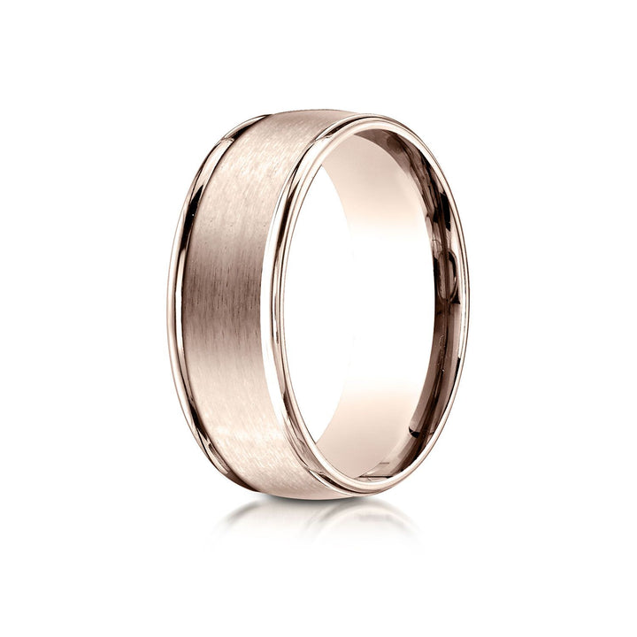8mm Satin Finish High Polished Round Edge Carved Wedding Band, in 14K Rose Gold | RockHer