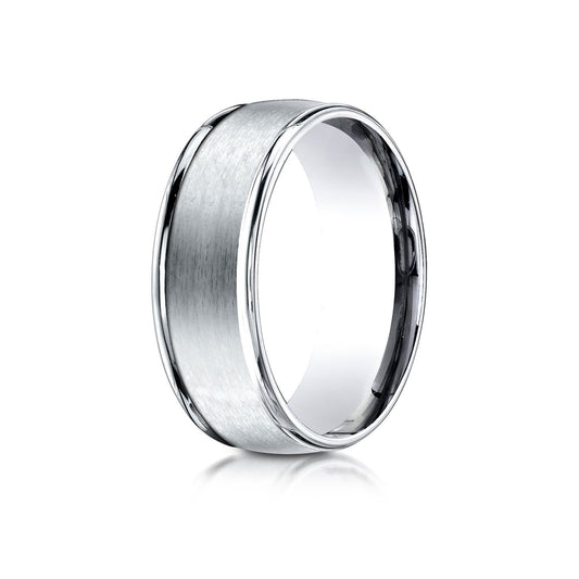 18k White Gold 8mm Comfort-fit Satin Finish High Polished Round Edge Carved Design Band