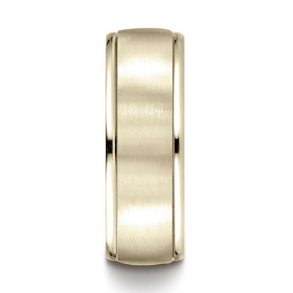 14k Yellow Gold 8mm Comfort-fit Satin Finish High Polished Round Edge Carved Design Band
