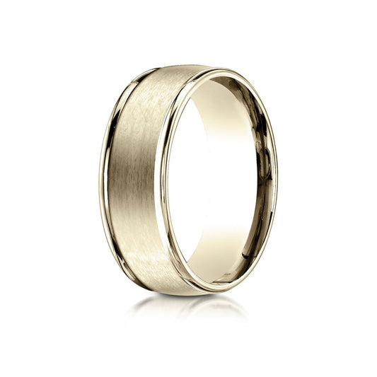 18k Yellow Gold 8mm Comfort-fit Satin Finish High Polished Round Edge Carved Design Band