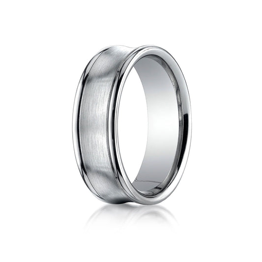 18k White Gold 7.5mm Comfort-fit Satin-finished Concave Round Edge Carved Design Band