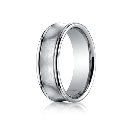 14k White Gold 7.5mm Comfort-fit Satin-finished Concave Round Edge Carved Design Band