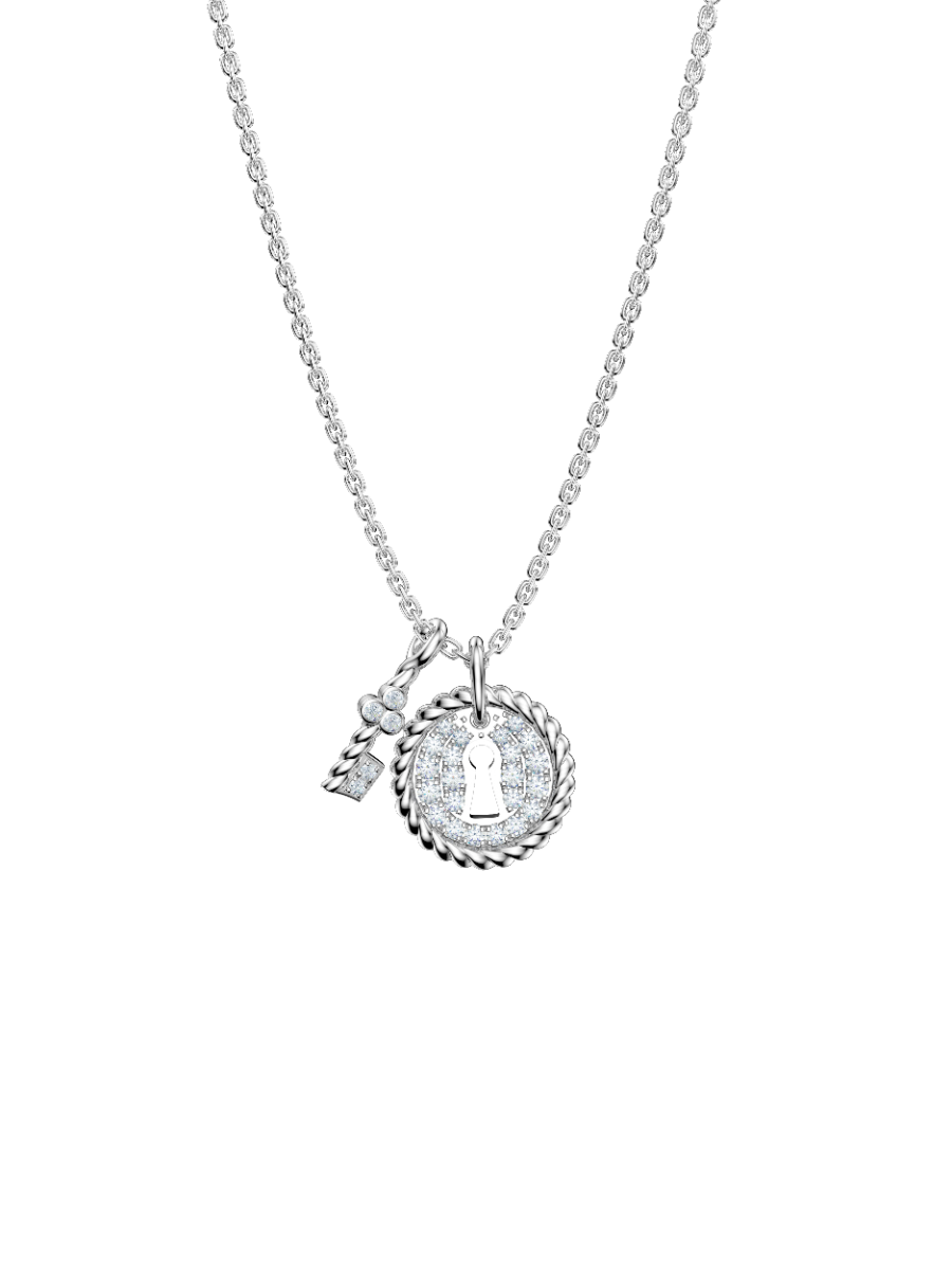 ROCKHER .925 Sterling Silver White Cubic Zirconia Halo Lock and Dangling Key Charm Pendant Necklace - 18"