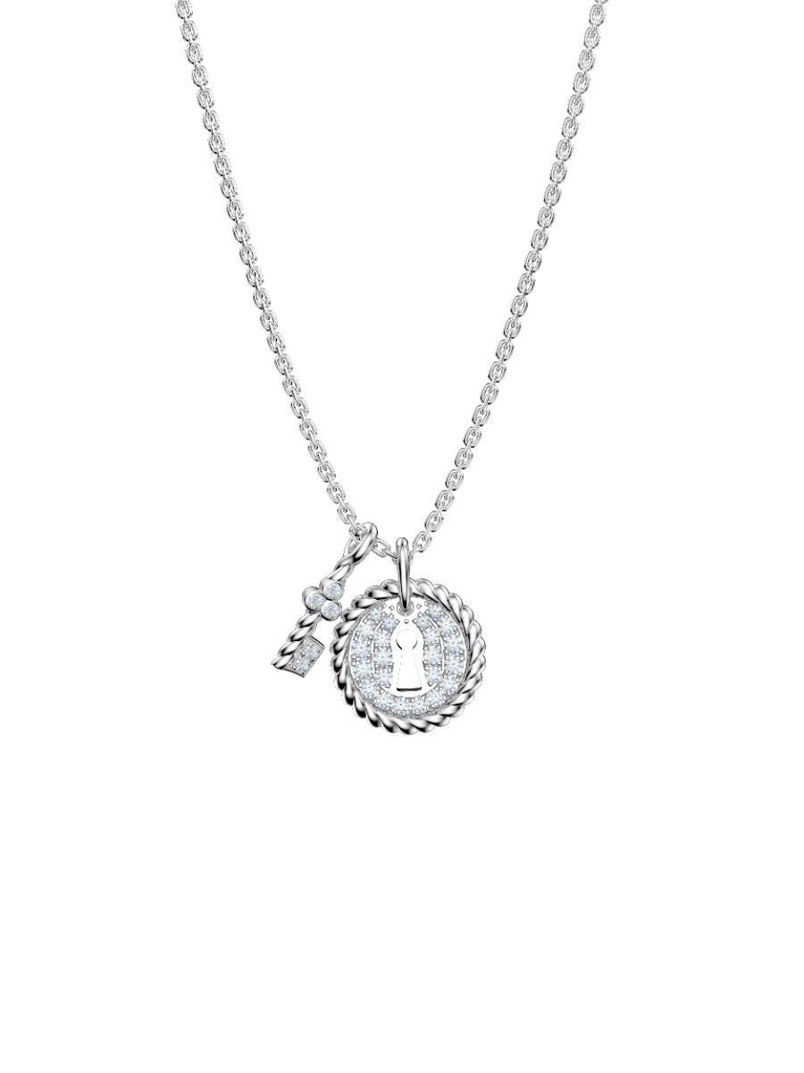 ROCKHER.925 Sterling Silver White Cubic Zirconia Halo Lock and Dangling Key Charm Pendant Necklace - 18" | RockHer