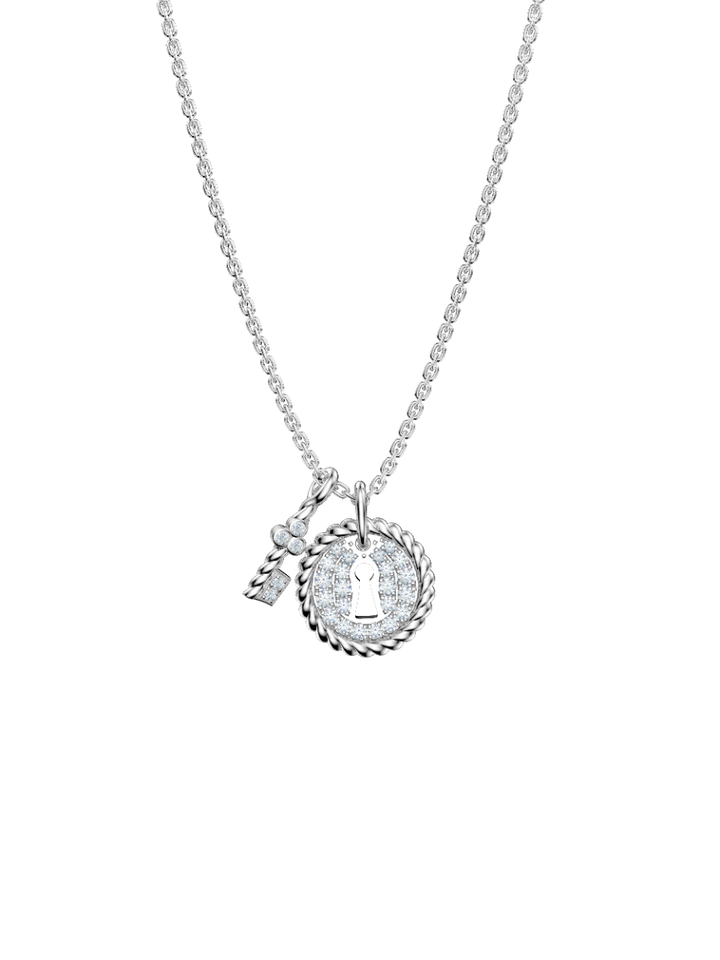 ROCKHER.925 Sterling Silver White Cubic Zirconia Halo Lock and Dangling Key Charm Pendant Necklace - 18" | RockHer