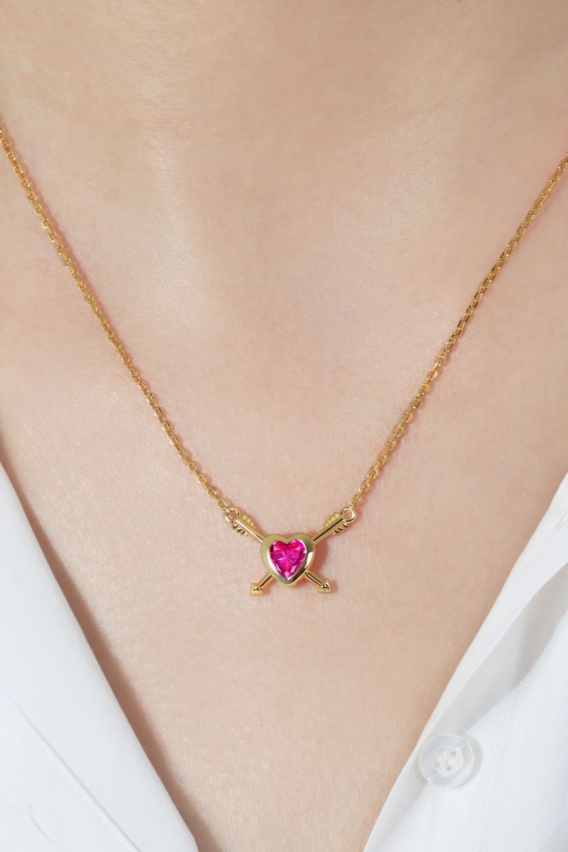 ROCKHER.925 Sterling Silver Created Pink Heart Sapphire Double Arrow Charm Pendant Necklace - 18" | RockHer