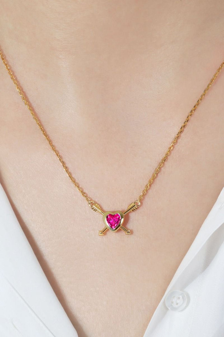 ROCKHER.925 Sterling Silver Created Pink Heart Sapphire Double Arrow Charm Pendant Necklace - 18" | RockHer