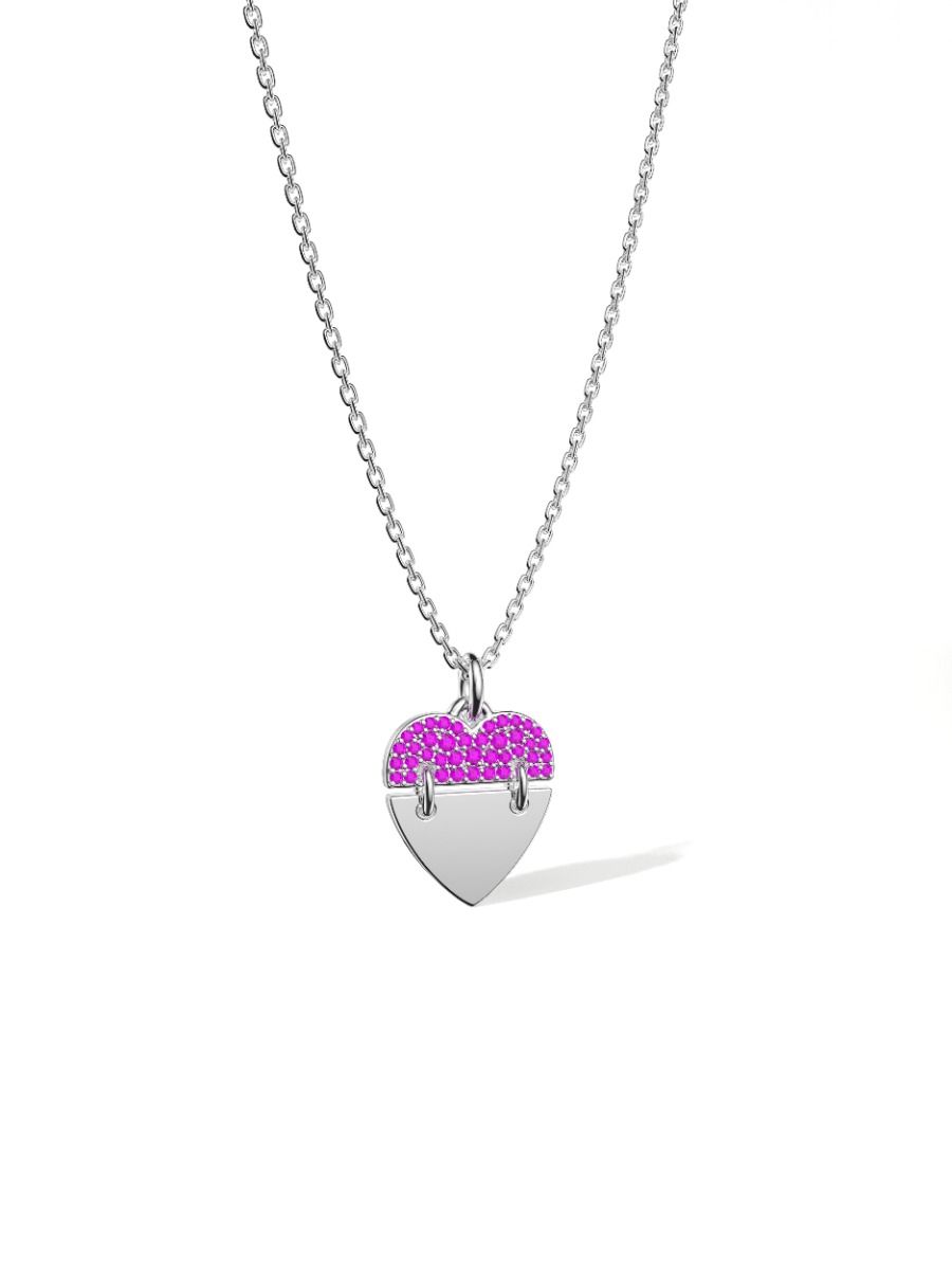 ROCKHER.925 Sterling Silver Created Pink Sapphire Movable Dangle Heart Charm Pendant Necklace - 18" | RockHer