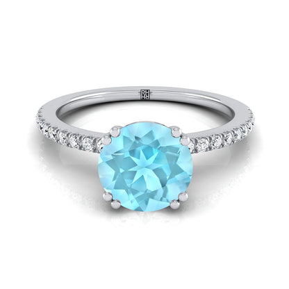 Platinum Round Brilliant Aquamarine Simple French Pave Double Claw Prong Diamond Engagement Ring -1/6ctw