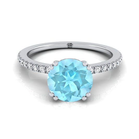 18K White Gold Round Brilliant Aquamarine Simple French Pave Double Claw Prong Diamond Engagement Ring -1/6ctw