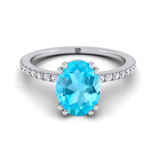 14K White Gold Oval Swiss Blue Topaz Simple French Pave Double Claw Prong Diamond Engagement Ring -1/6ctw